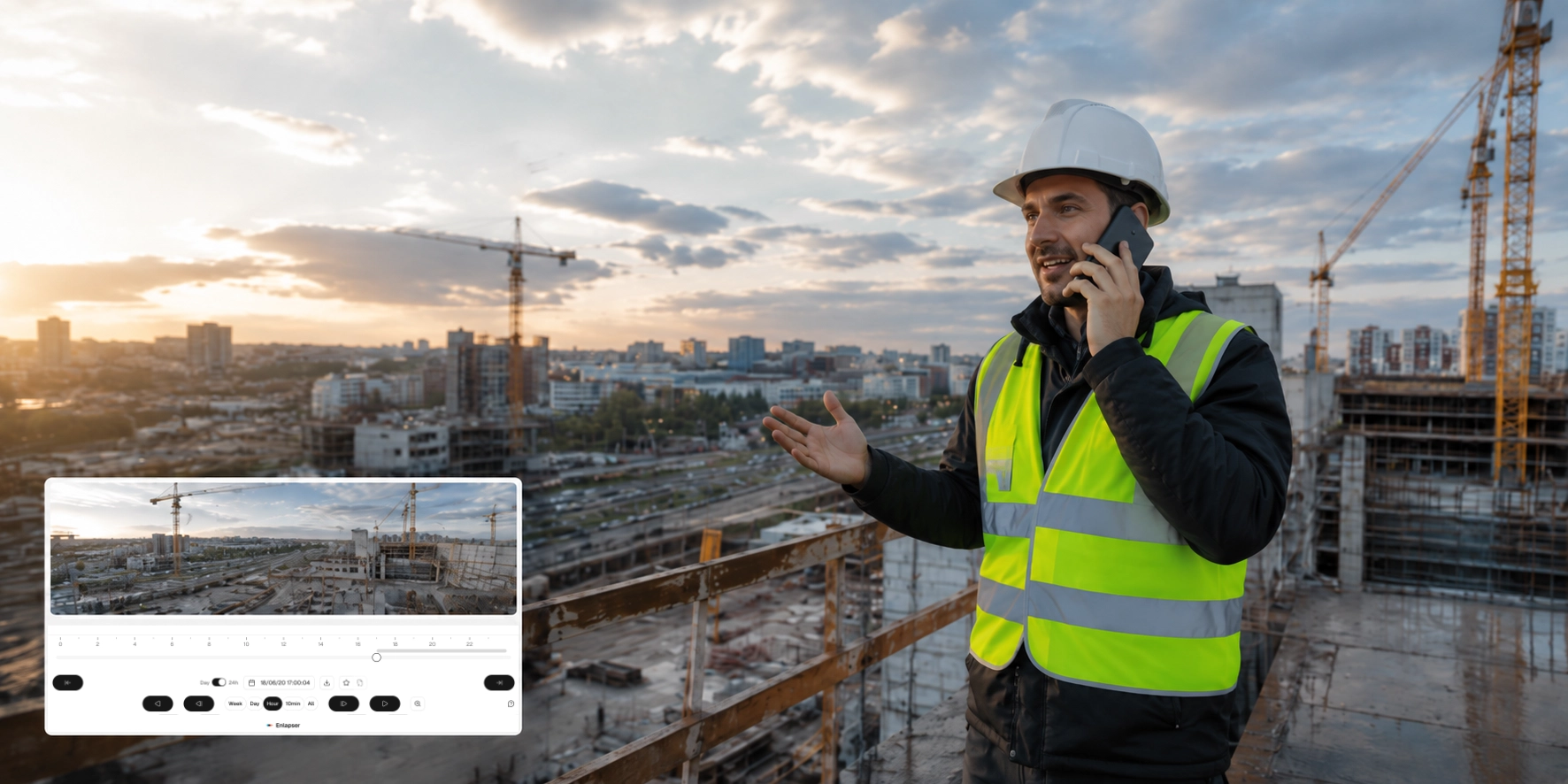 Construction manager on a high-rise site at sunset with Builder.Cam live site view